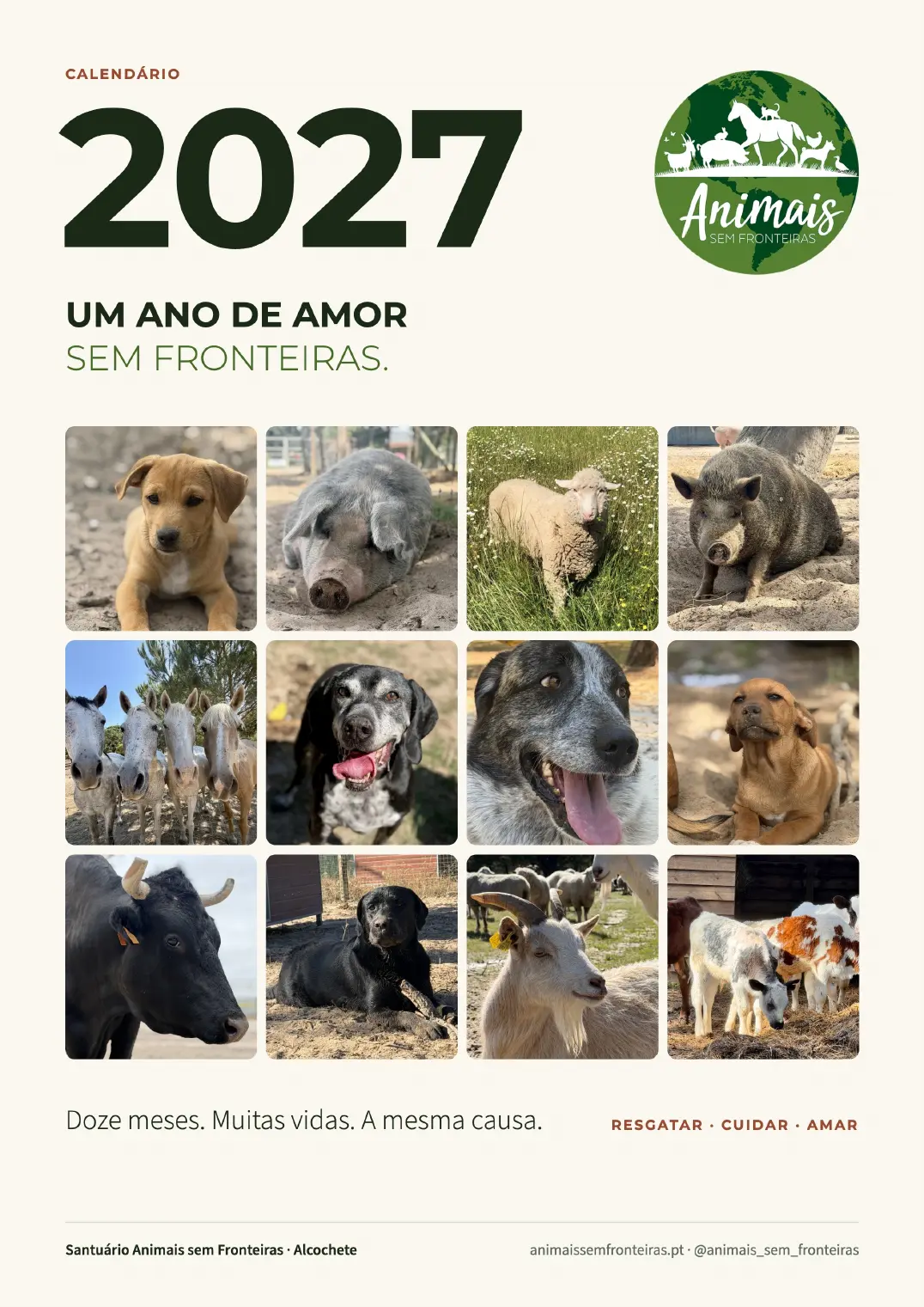 Capa do calendário 2027: «Um ano de amor sem fronteiras», com doze fotografias de animais do santuário